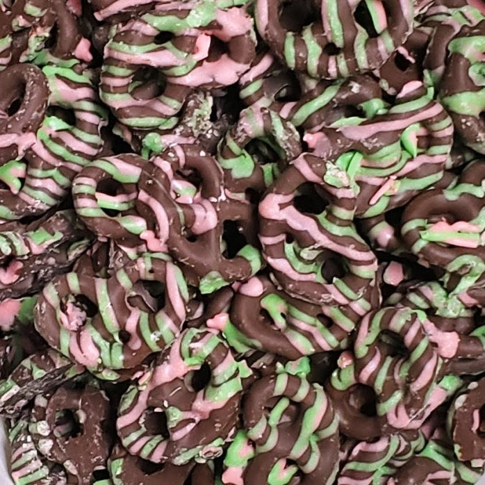 Milk Chocolate Spring Drizzled Pretzels-Half Nuts-Half Nuts