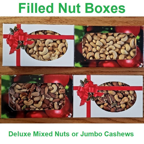 Jumbo Cashews Christmas Gift Box-Half Nuts-One Pound-Ribbon and Holly-Half Nuts